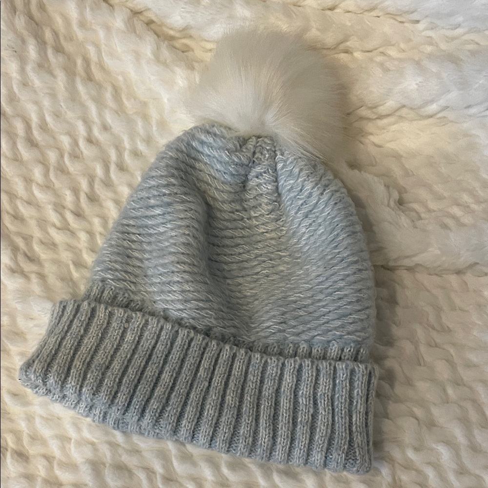 Topshop Light Blue Knit Beanie with White Pom-Pom